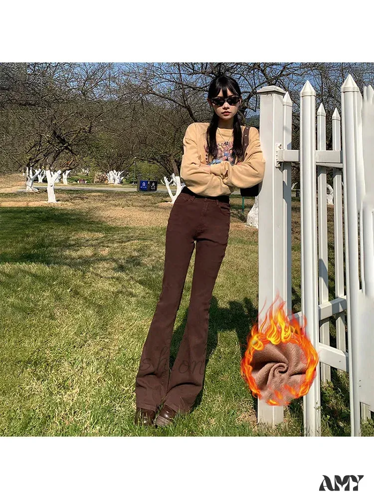 Amy Fashion - Thicken Winter Warm Slim Fleece Flared Pants Elastic Skinny Women's Fashion High Waist Velvet Plus Length Female Jean