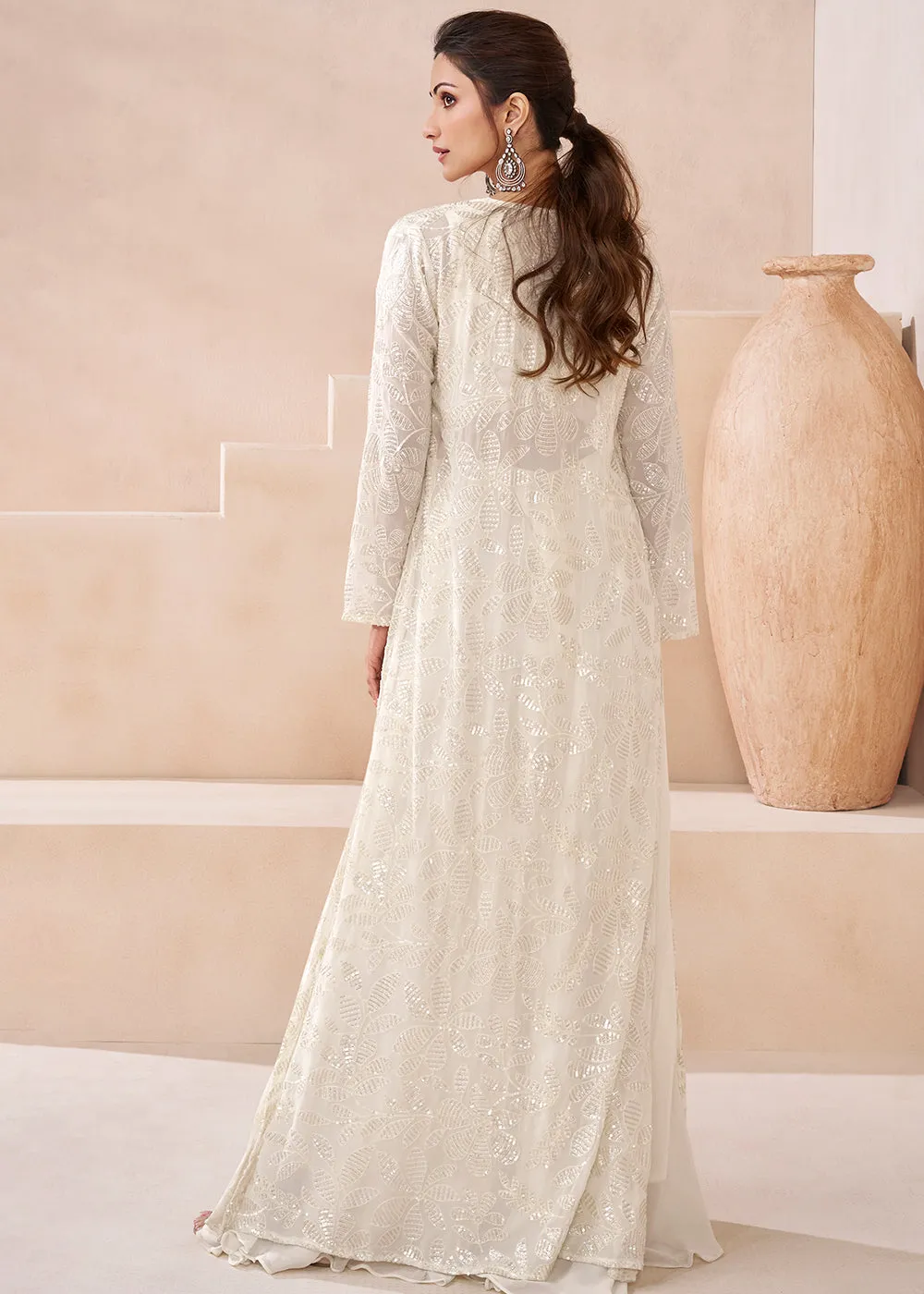 Real Georgette White Indo Western Palazzo Suit