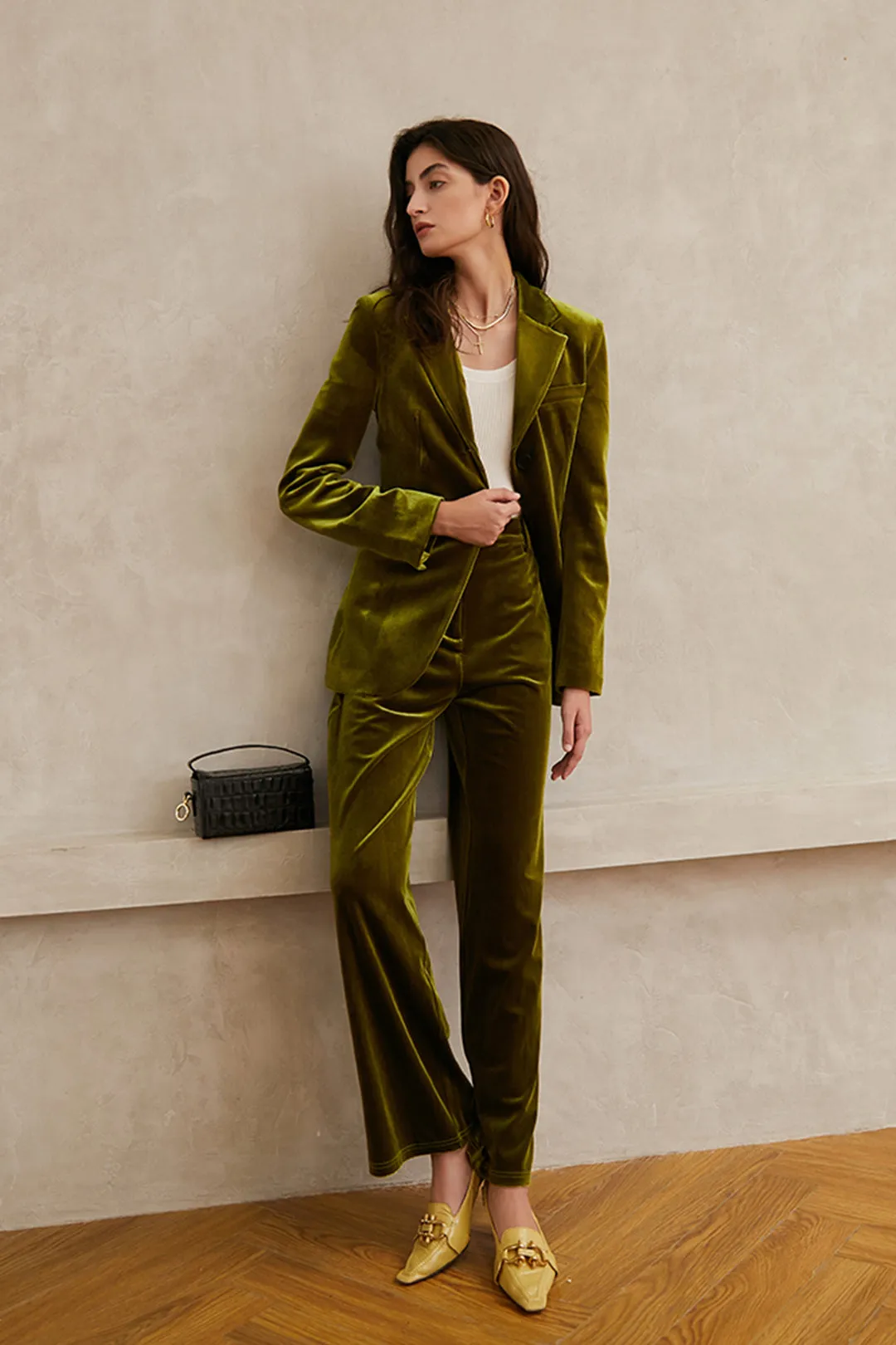 Velvet  padded suit | Retro green suit | Commuter suit